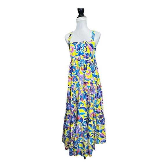 J Crew Tiered Taffeta Maxi Summer Dress Yellow Blue Purple Orange Floral Sz 4 - Picture 2 of 12